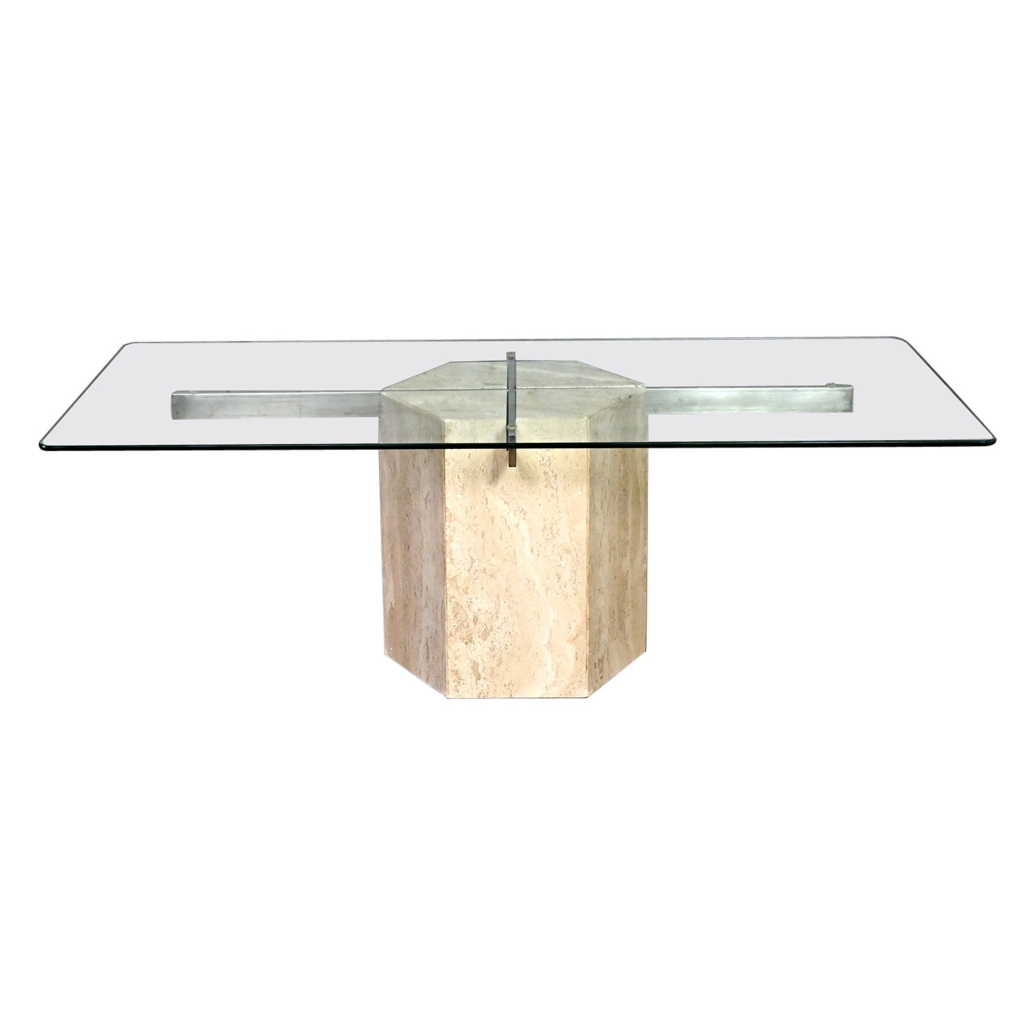 Table basse moderne et postmoderne à base hexagonale en travertin avec plateau rectangulaire en verre
