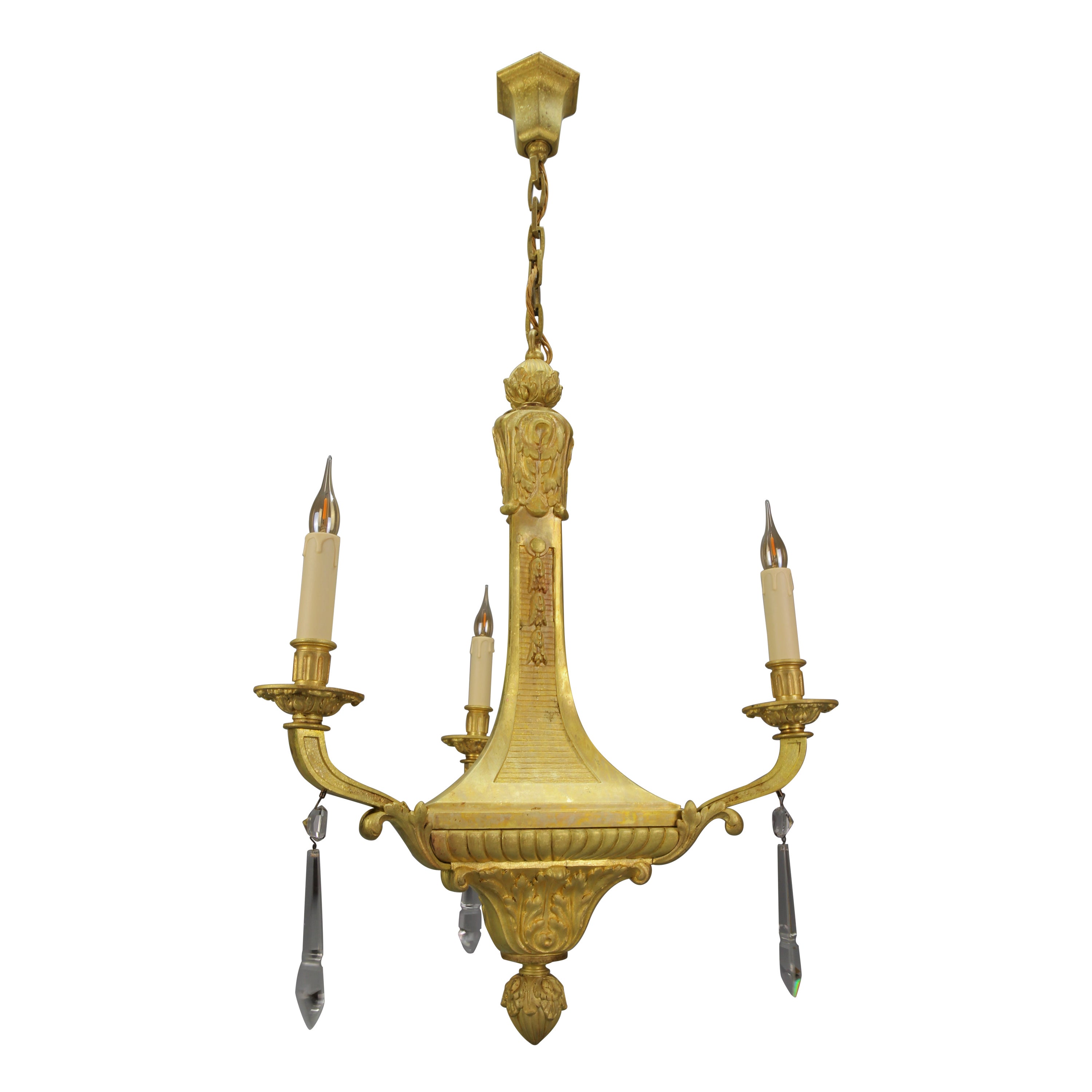 French Louis XVI Style Bronze Three-Light Chandelier, Early 20th Century