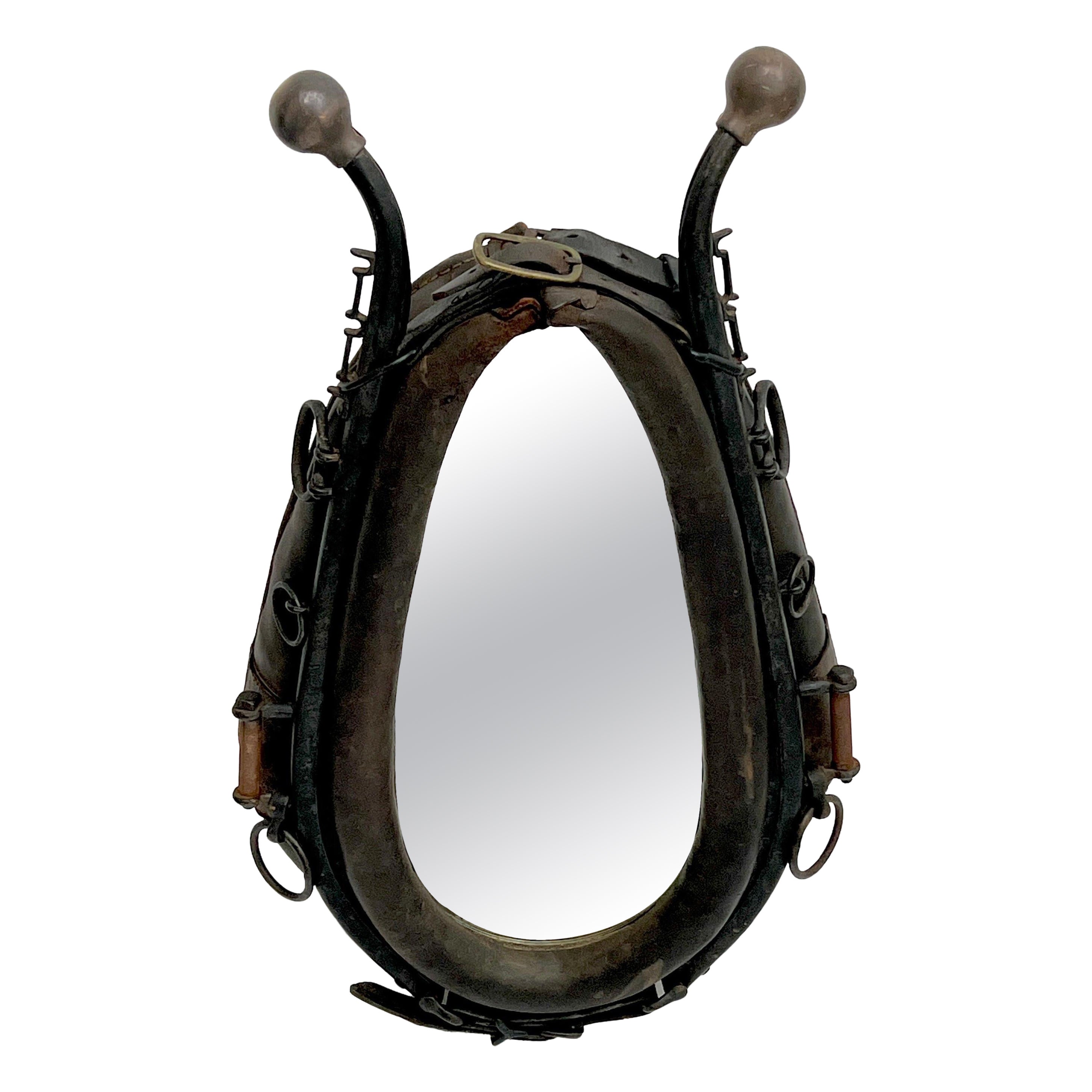 Antique Equestrian Horse Collar Mirror in Distressed Leather