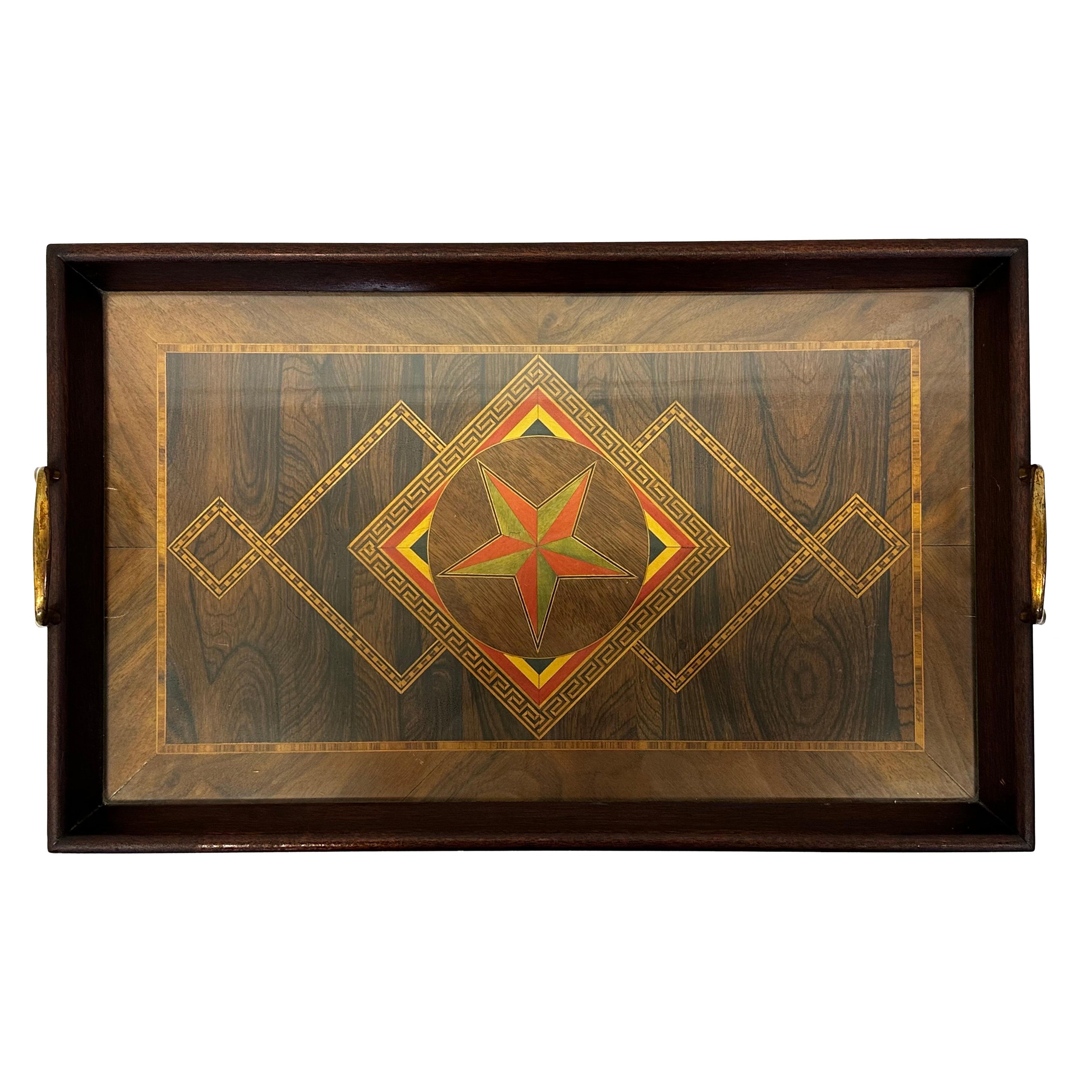 Herman J Oeser Art Deco Wood Marquetry Serving Tray With Brass Handles, 1922