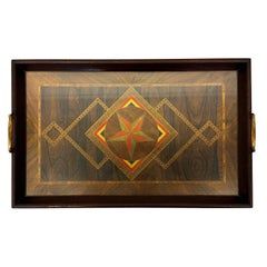 Antique Herman J Oeser Art Deco Wood Marquetry Serving Tray With Brass Handles, 1922