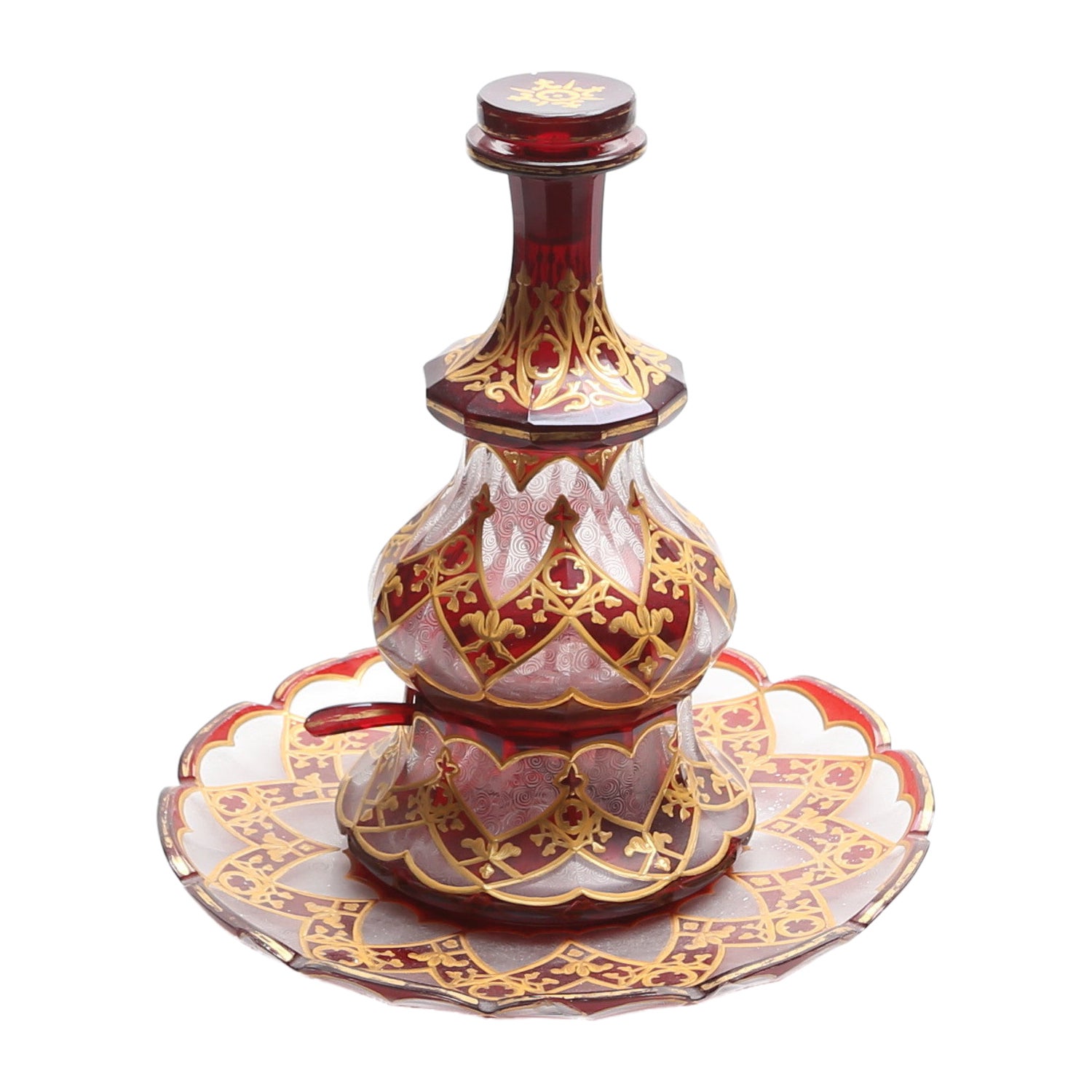 Antique Bohemian Moser Ruby Red Crystal Glass Bottle Set, 19th Century For Sale