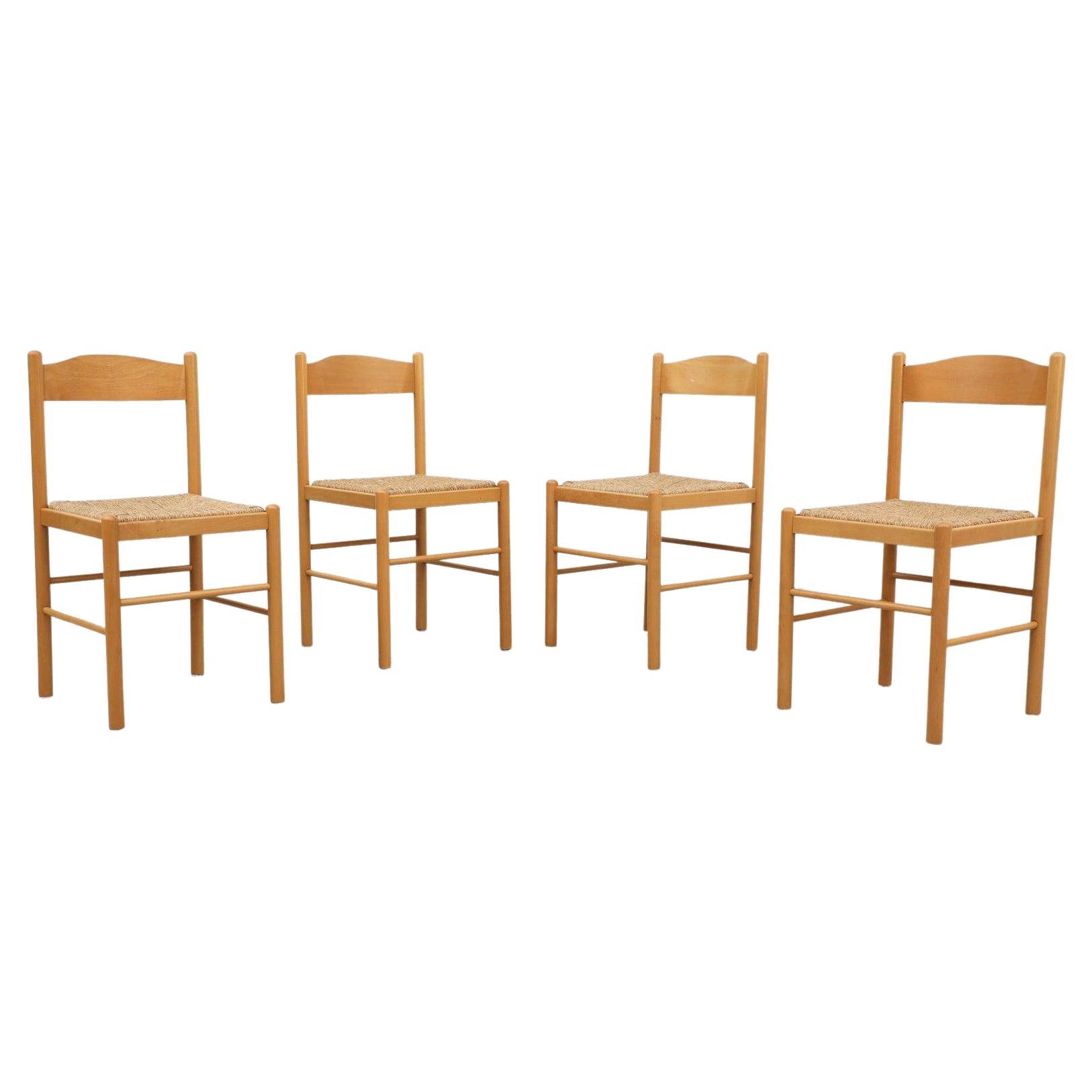 Set of Four Blonde Wood Vico Magistretti Style Dining Chairs with Rush Seats