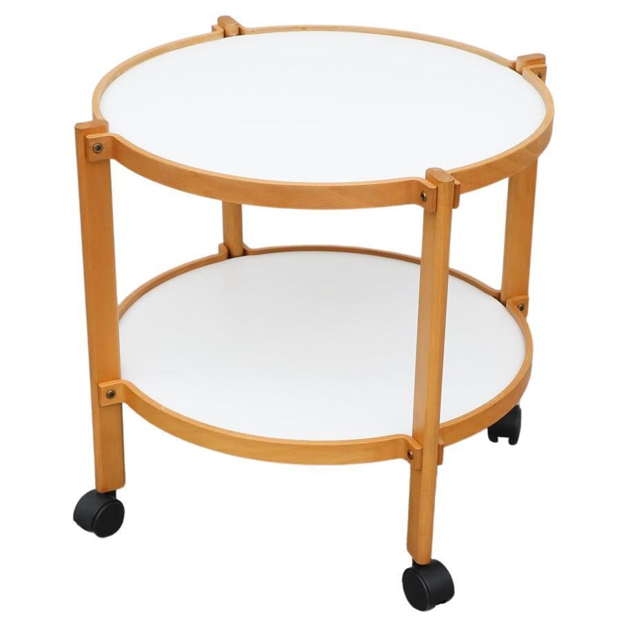 Mid-Century Danish Blonde Wood & White Rolling Bar Cart Inspired by Alvar Aalto For Sale