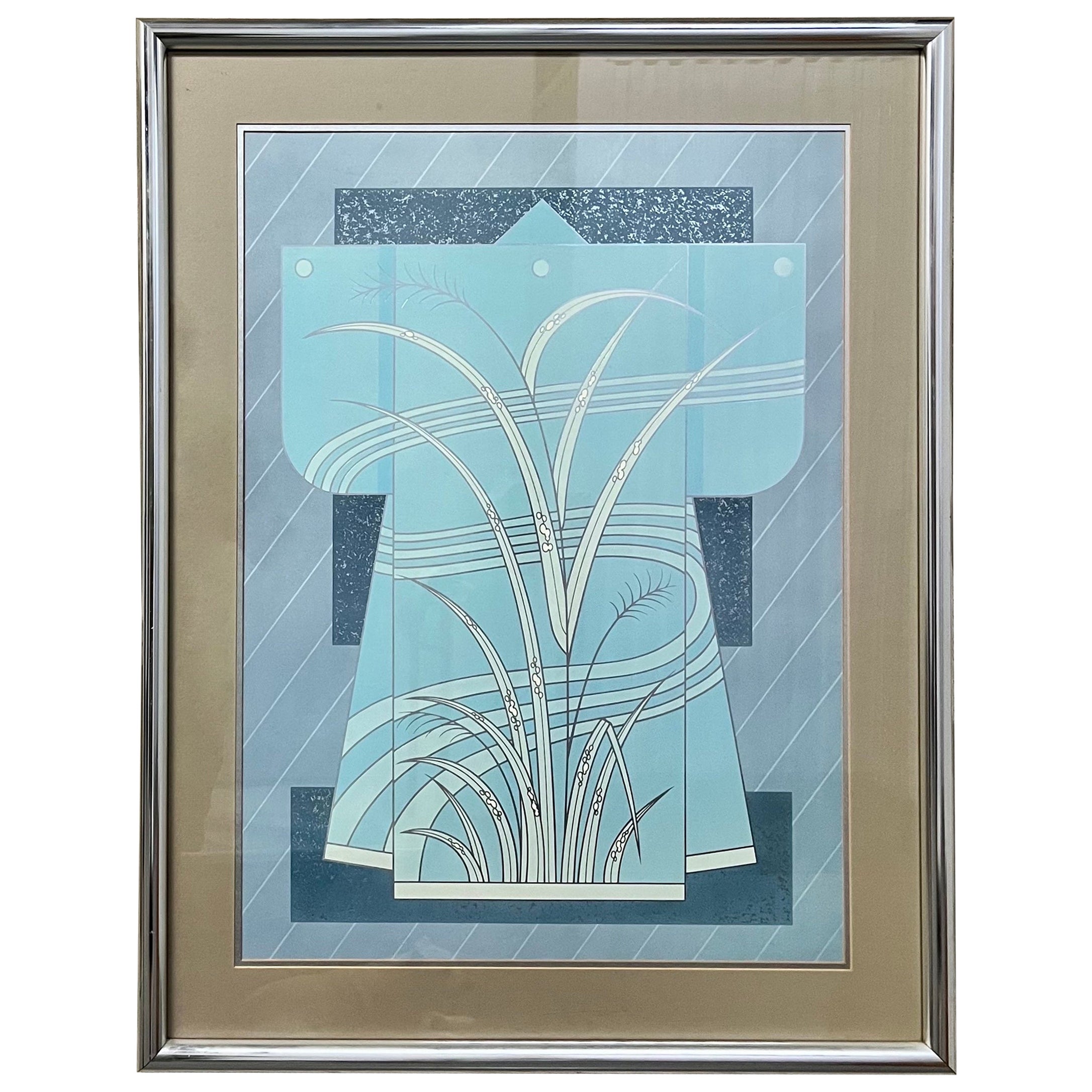  Mid Century Modern Blue Kimono Custom Framed Lithograph. Circa 1970s