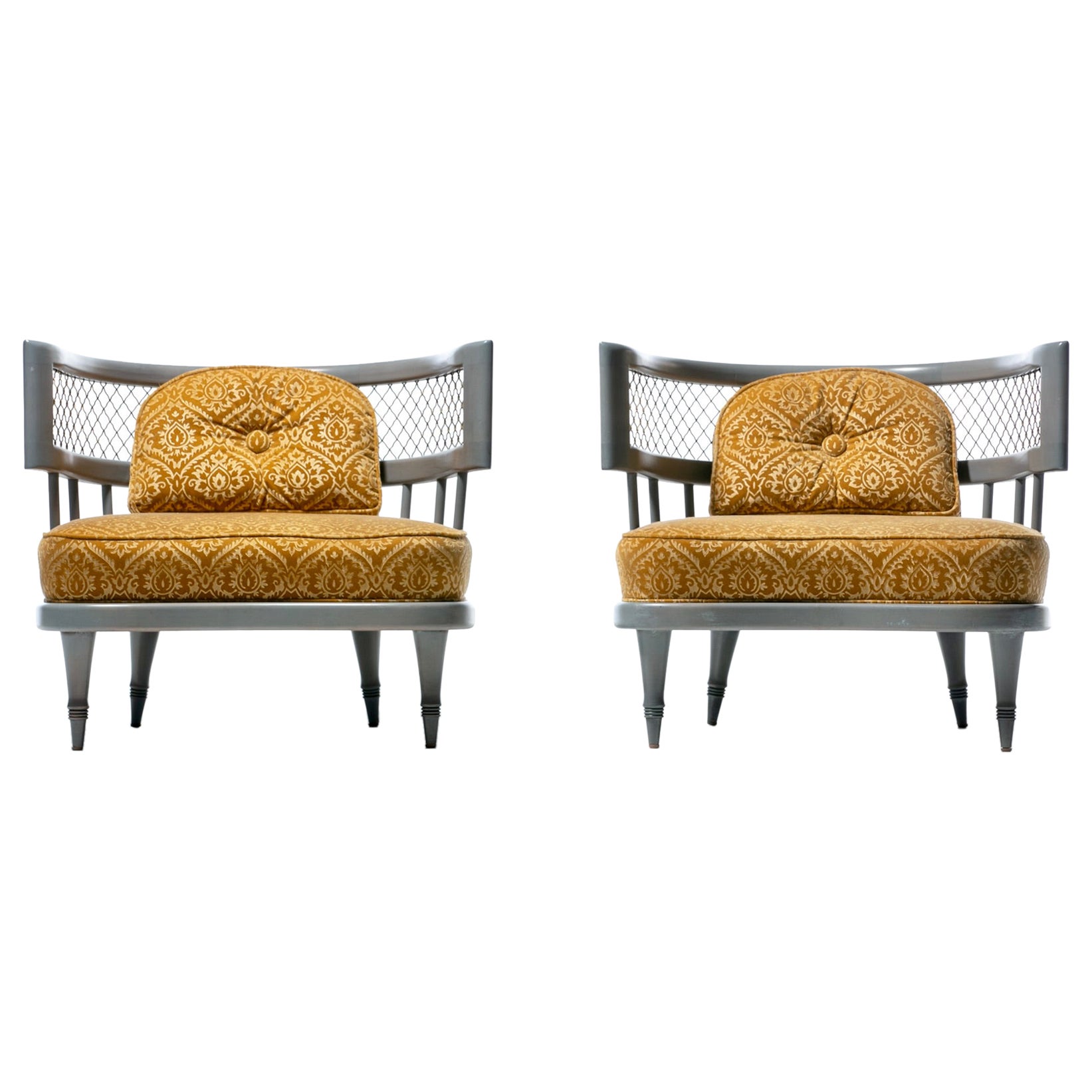 Hollywood Regency Slipper Chairs of Walnut and Brass in Italian Cut Velvet