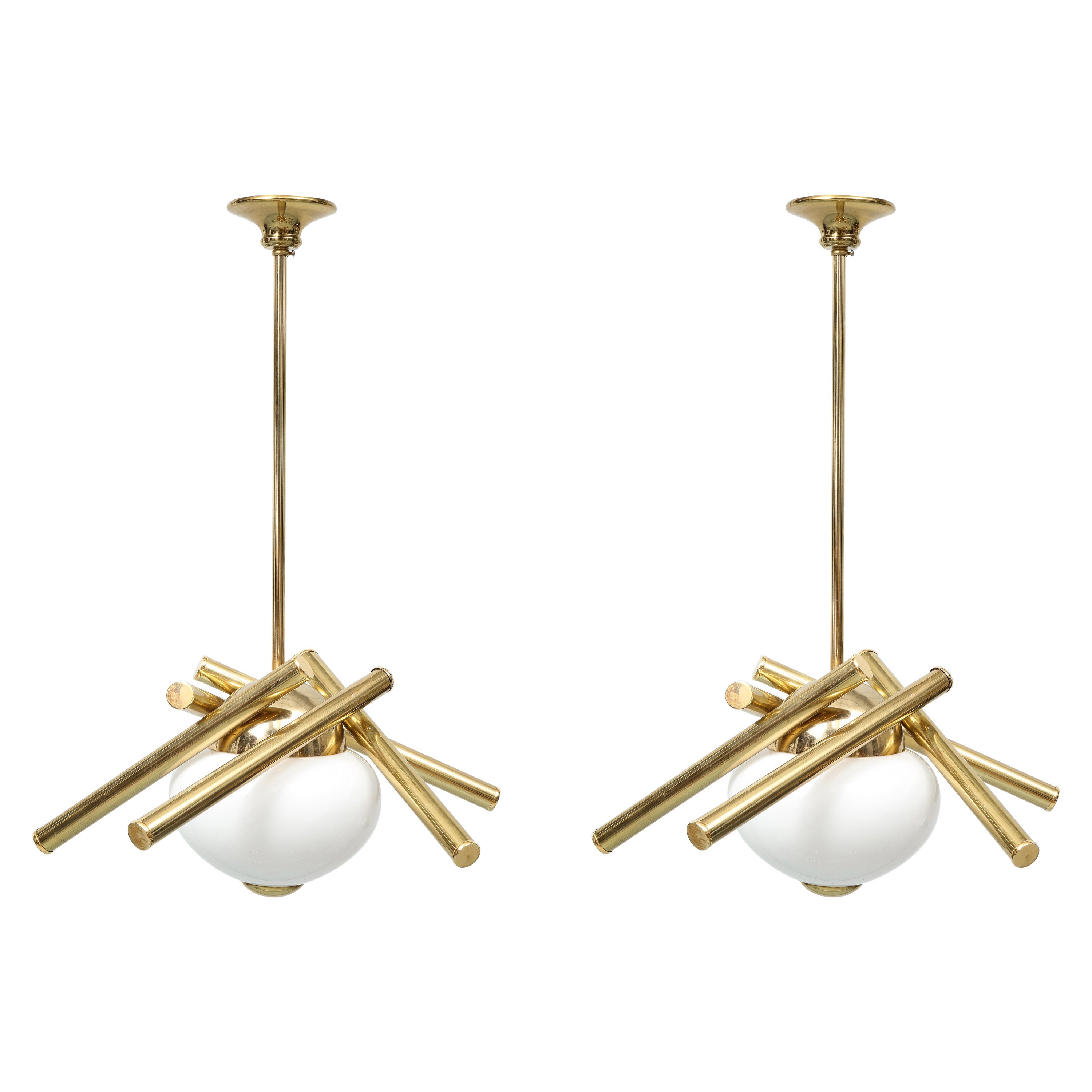 Pair of Brass Chandelier with a Central Opaline Globe