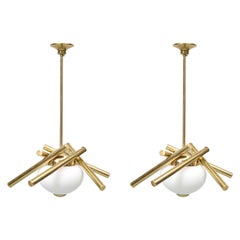 Pair of Brass Chandelier with a Central Opaline Globe