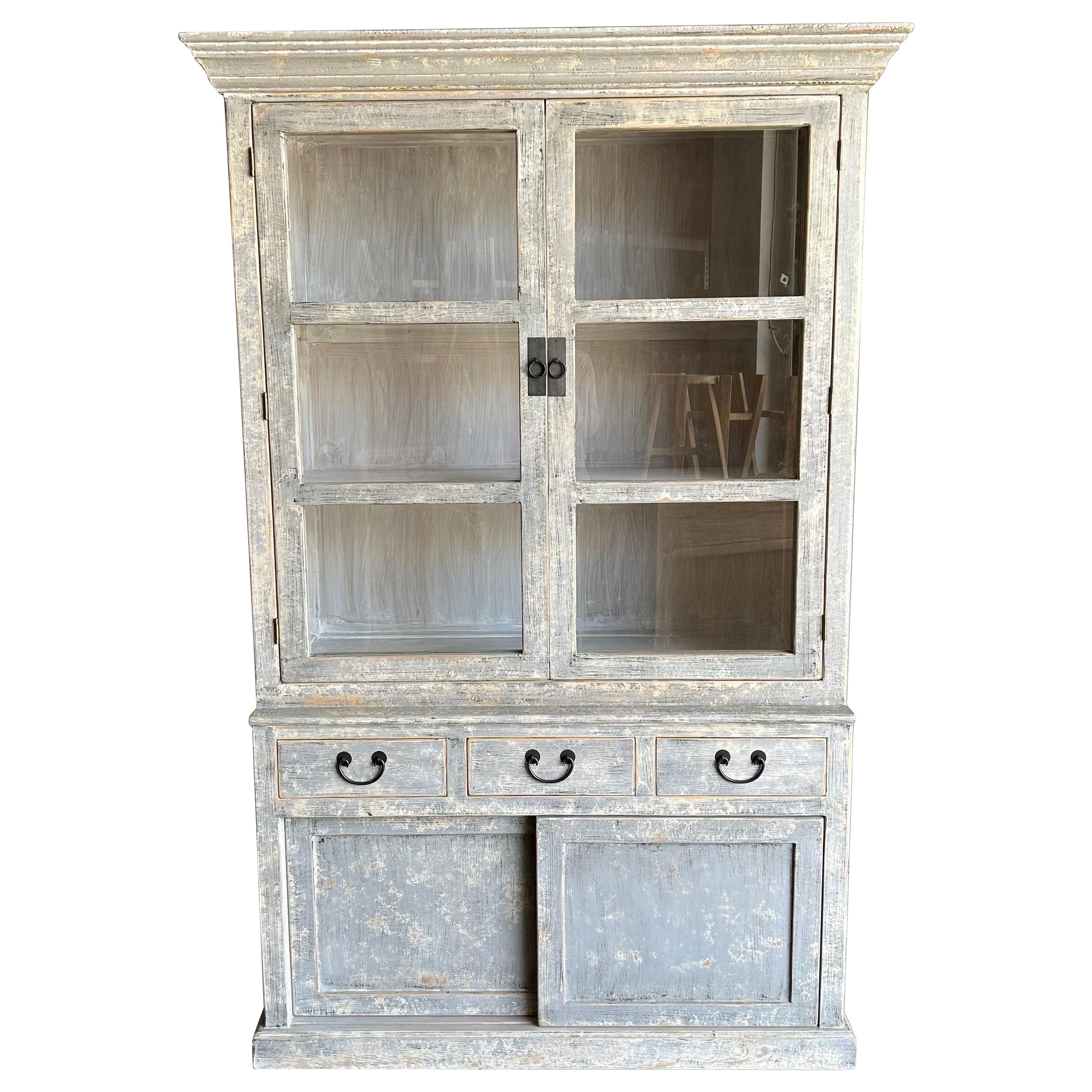 Custom Made Display Cabinet from Reclaimed Elm Wood in Distressed Gray Finish For Sale