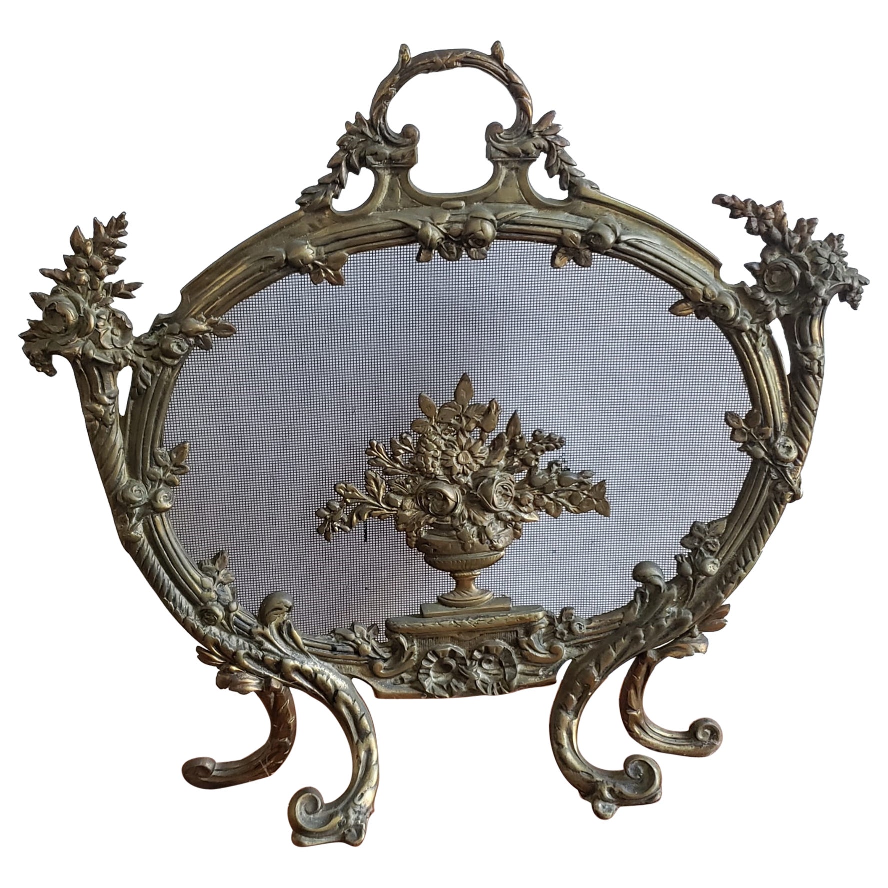 Antique French Louis XV Cast Brass Fire Screen, Circa 1880