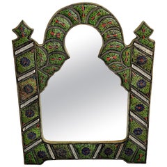 Moorish Arched Mirror in Enameled Cloisonné with Bone Inlays, Morocco c. 1950's