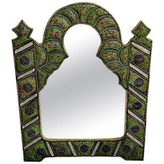 Vintage Moorish Arch Mirror in Enameled Cloisonné with Bone Inlays, Morocco c. 1950's