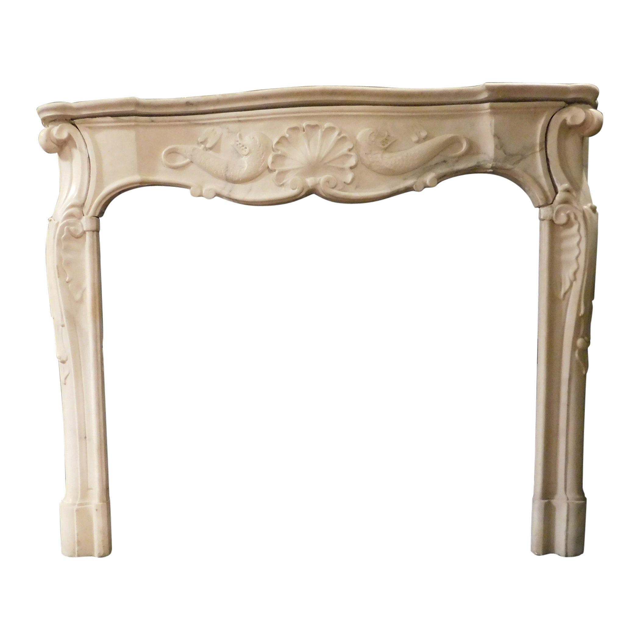 Fireplace mantle in white marble, central shell and pair of triton, Genova Italy For Sale