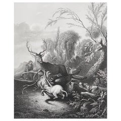 Impression originale et ancienne d'une chasse au cerf d'après Carl Ruthart. C.1850