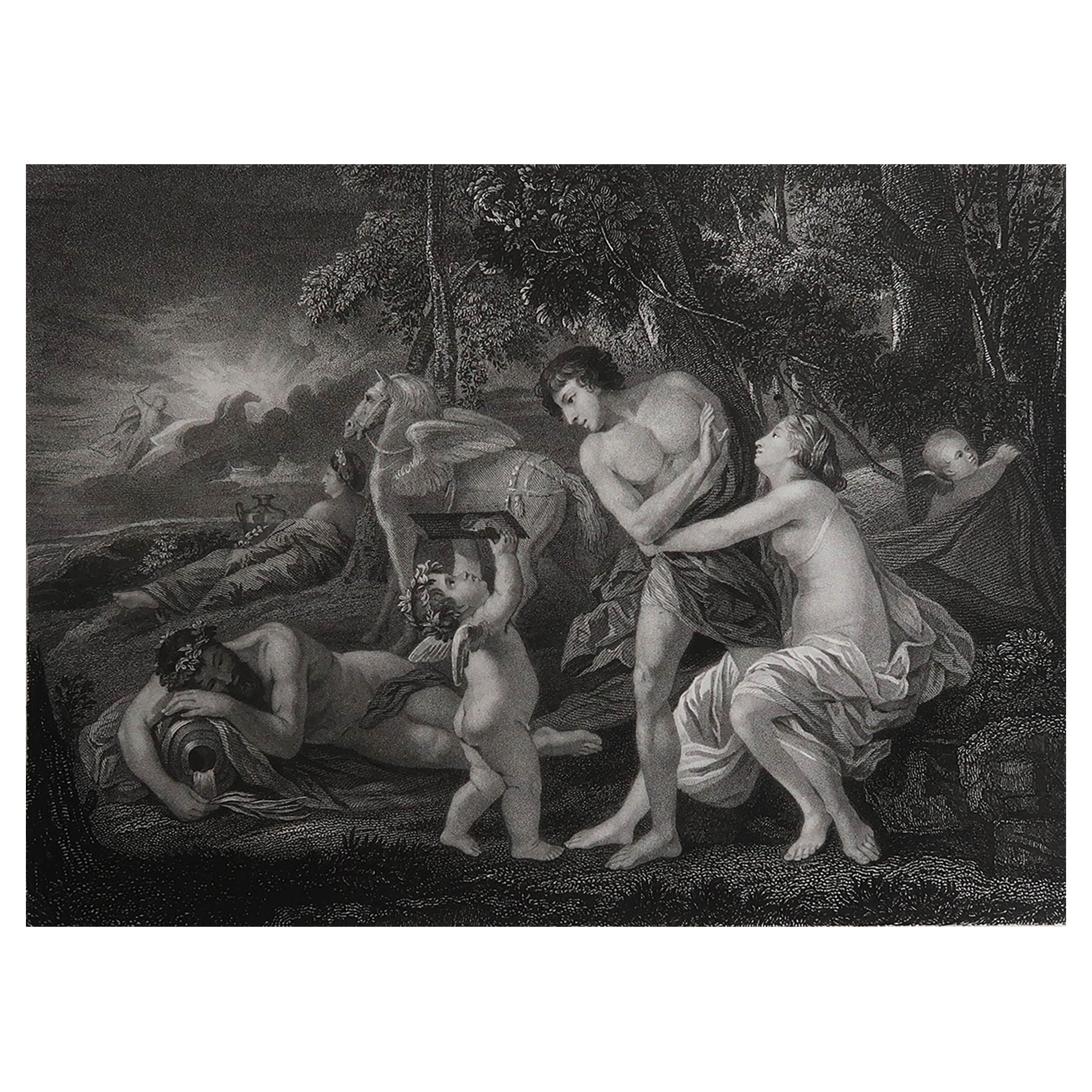 Impression originale et ancienne de la mythologie grecque d'après Nicolas Poussin. C.1850 en vente