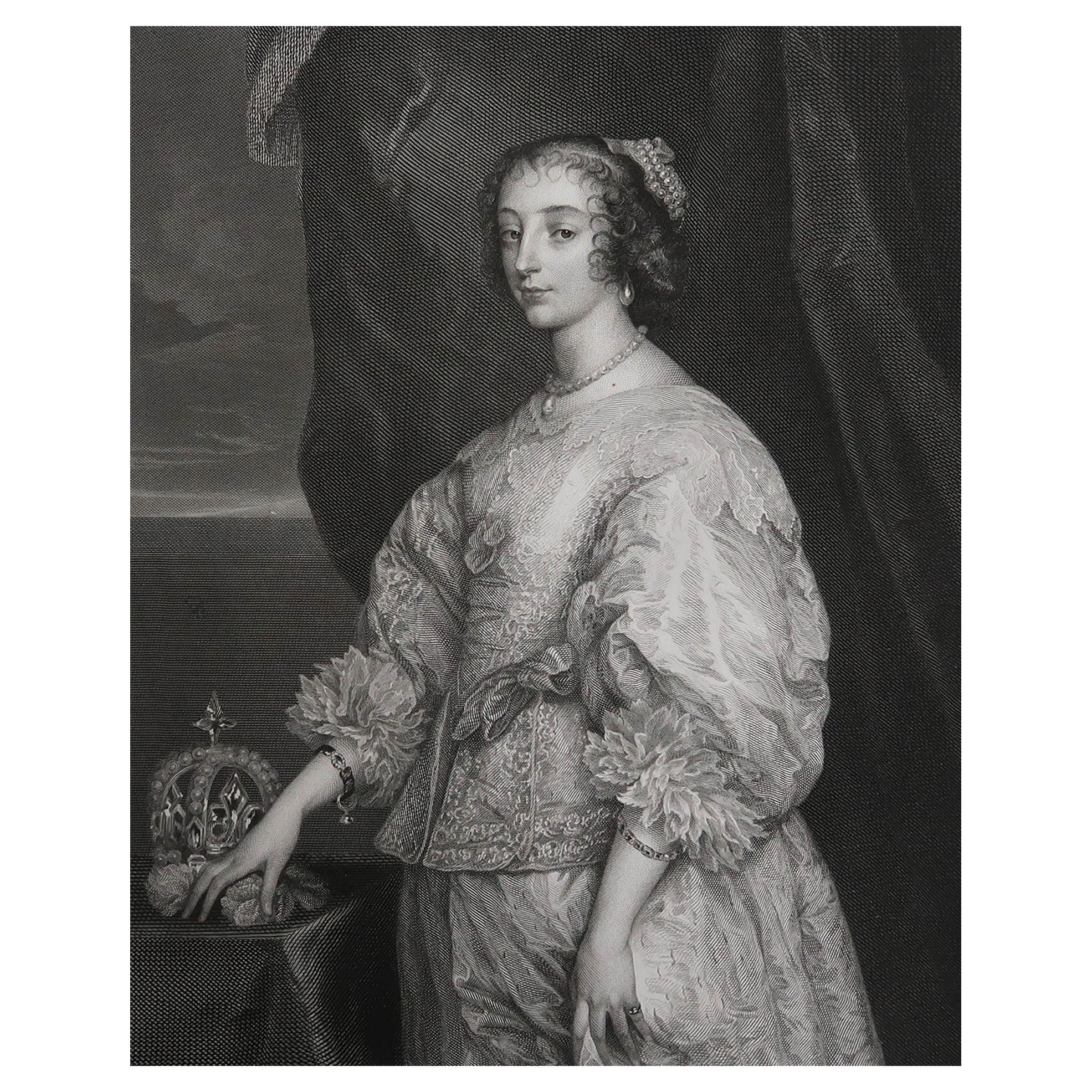 Original Antique Print of Queen Henrietta Maria After Van Dyck. C.1850 For Sale