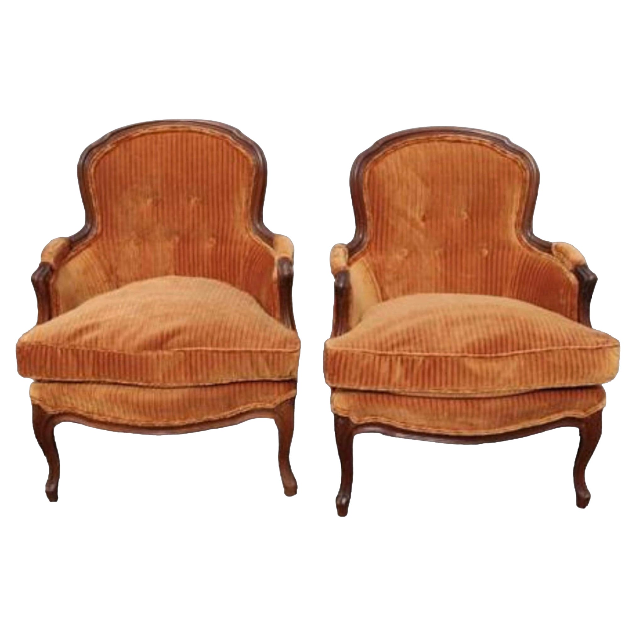Pair of French Walnut Framed Small Fauteuils For Sale