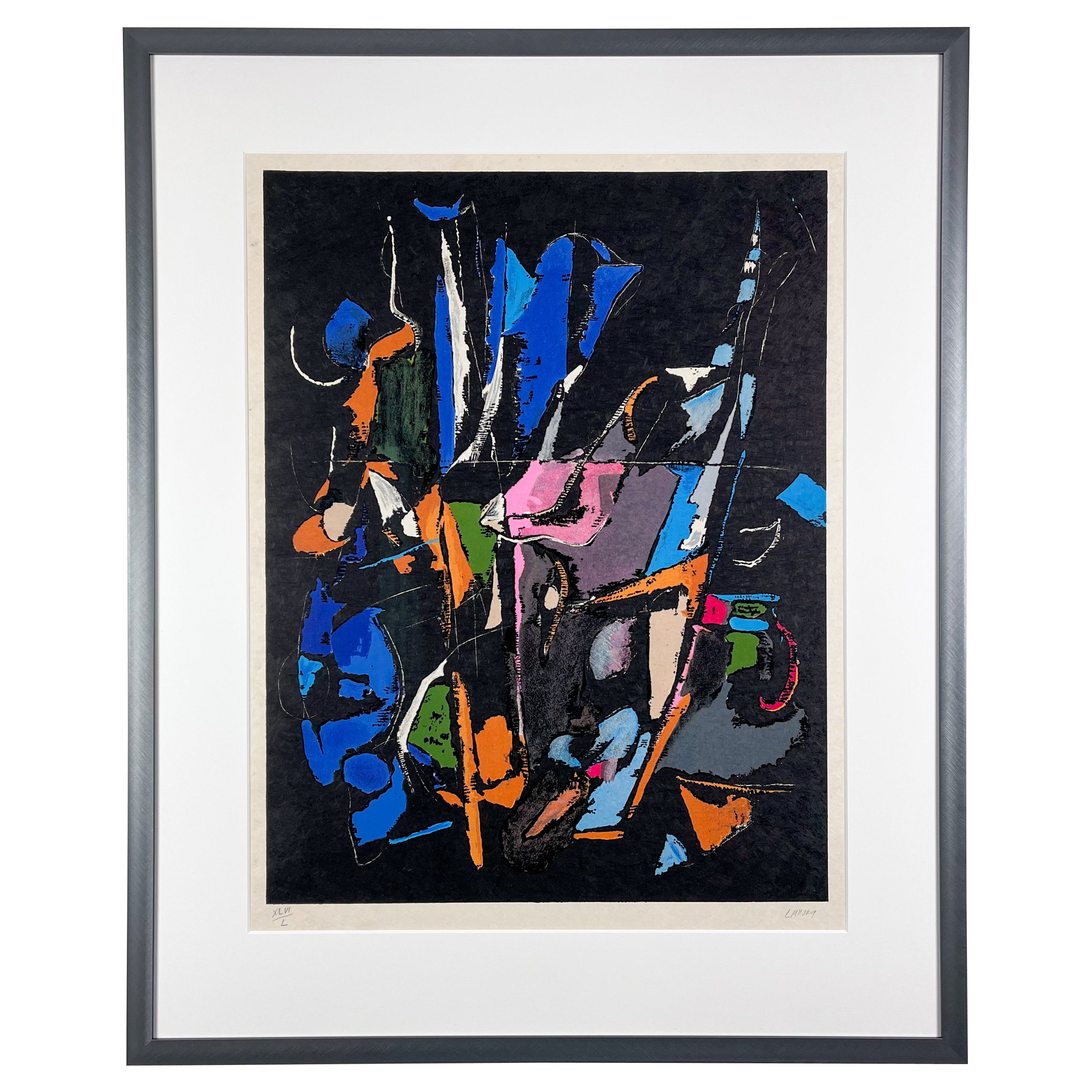 André Lanskoy, Abstrakt-expressionistische Komposition, Lithographie, rosa blau & schwarz
