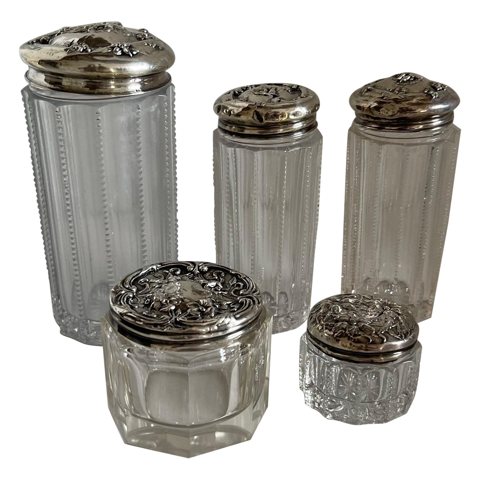 Antique Glass & Sterling Vanity Jars, Set of Five For Sale