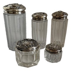 Antique Glass & Sterling Vanity Jars, Set of Five