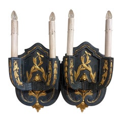 Pair of Early 20th Century French Carved Painted Two-Light Wooden Wall Sconces
