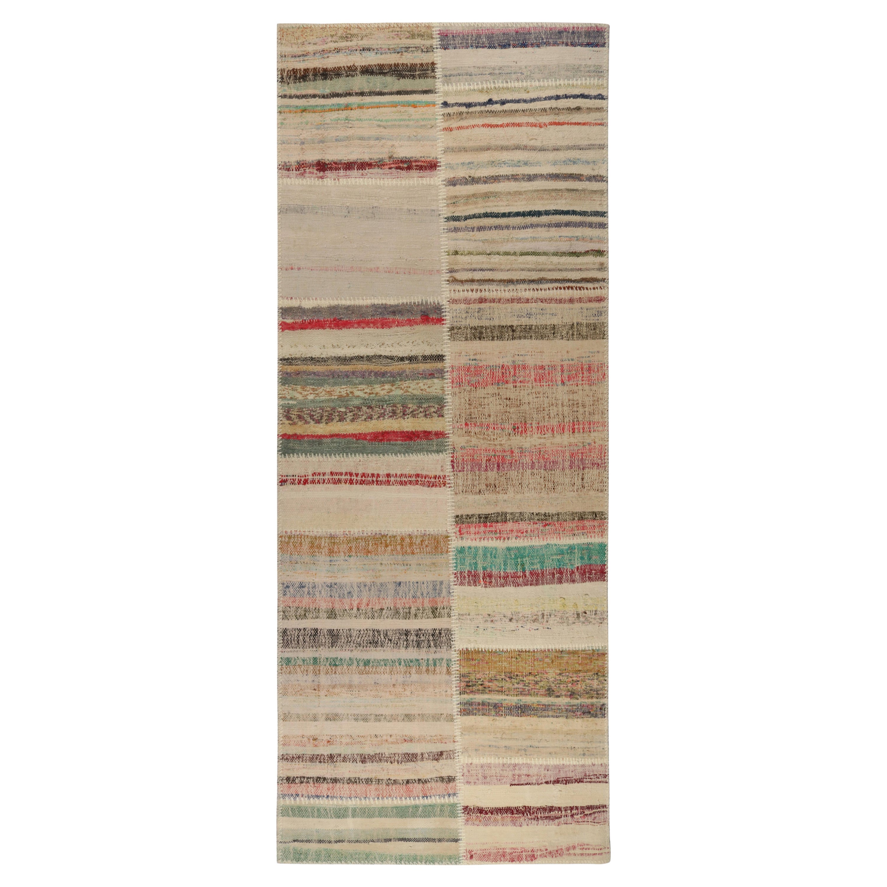 Rug & Kilim’s Patchwork Kilim Runner in Polychromatic Stripes For Sale