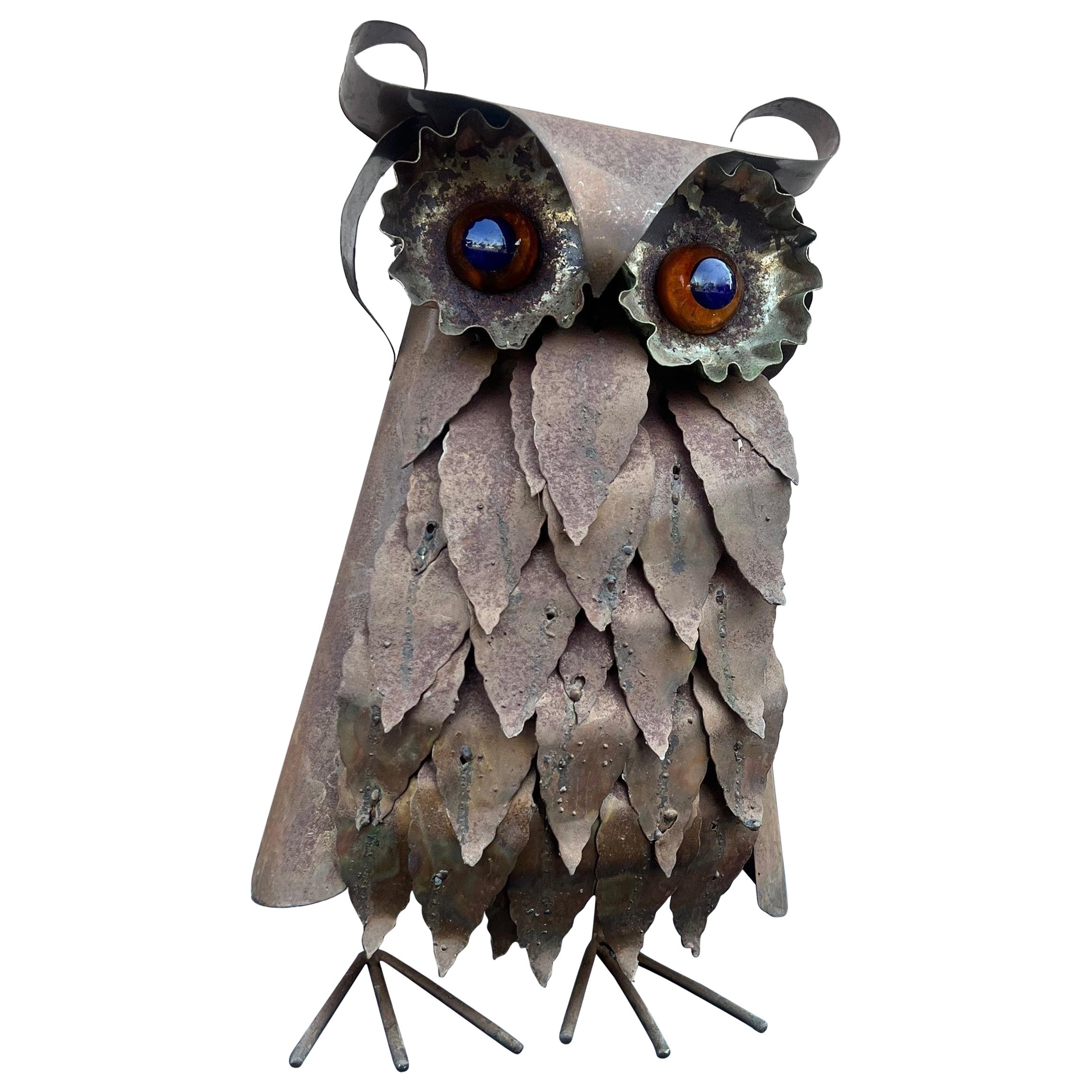 1970s Brutalist Metal Owl Sculpture in the Style of Curtis Jere