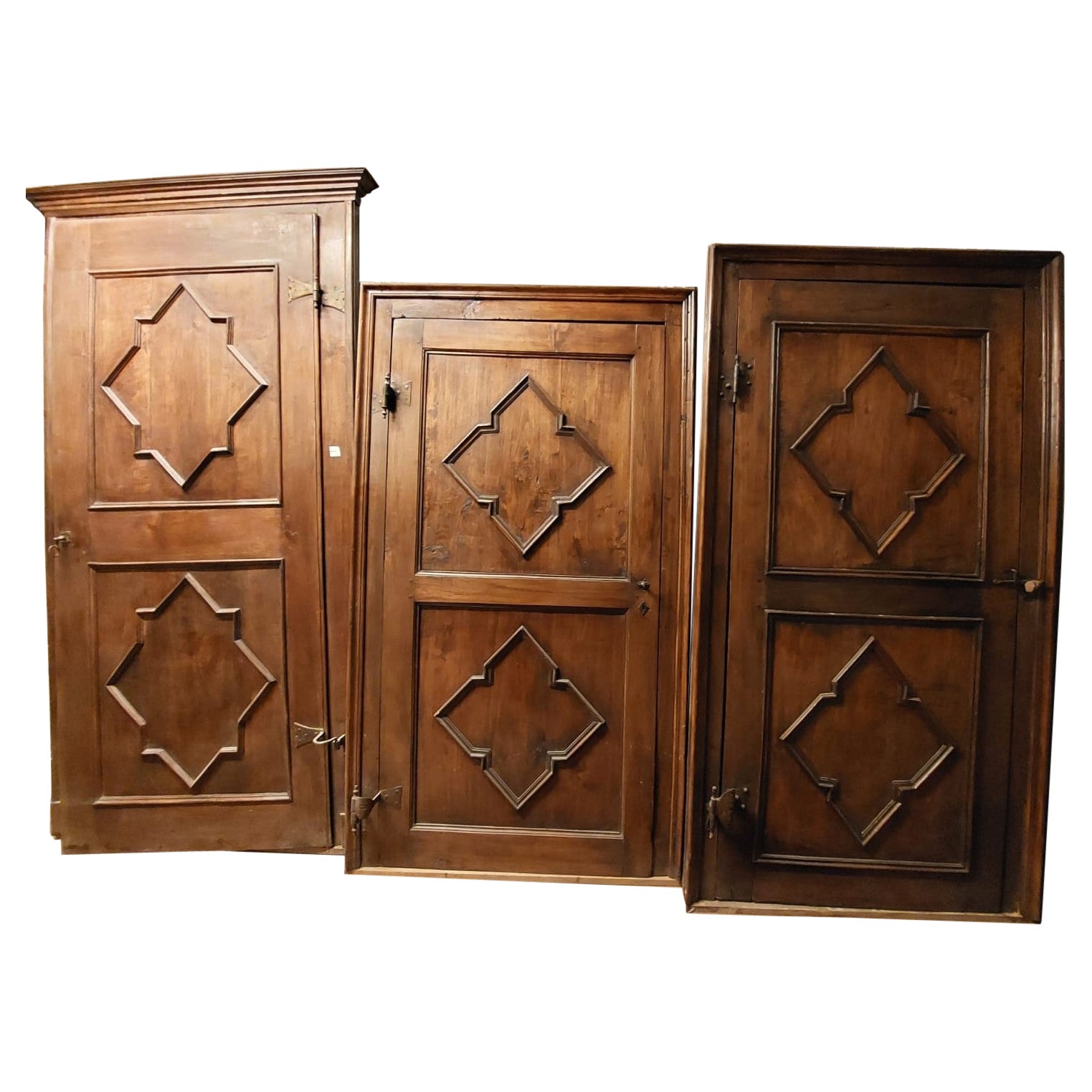 n.3 poplar interior carved doors, not identical, original iron and frame, Italy For Sale