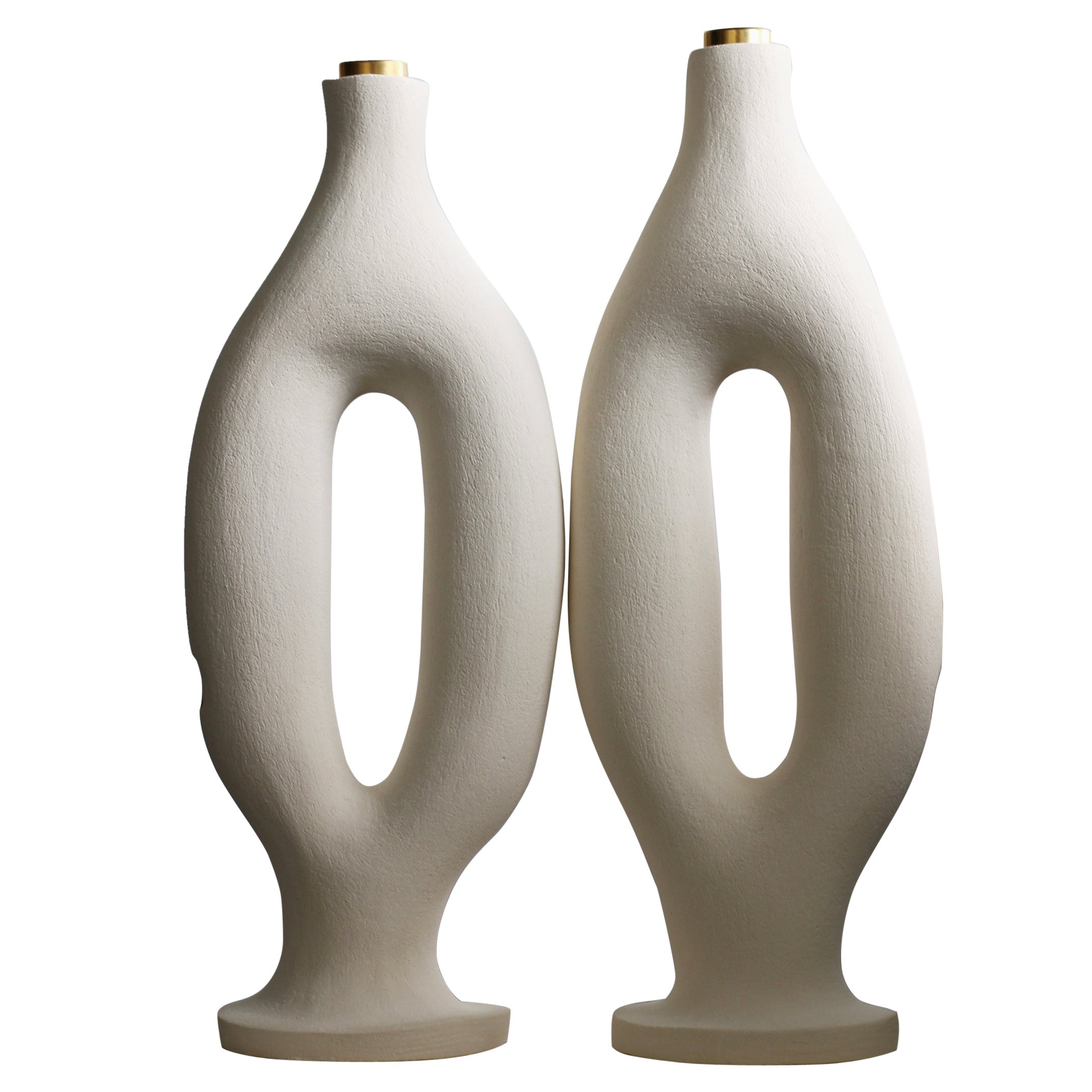 Set of 2 White Stoneware Exo Table Lamps by Abid Javed For Sale
