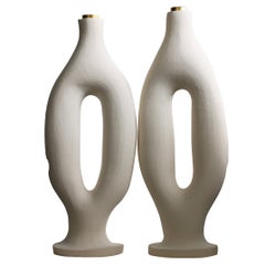 Set of 2 White Stoneware Exo Table Lamps by Abid Javed