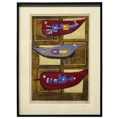 Japanischer Holzschnitt mit drei Vögeln von Yoshiharu Kimura, um 1965 