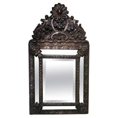 Antique Napoleon III Style Wall Mirror In Burnished Brass "Repoussé" Workmanship