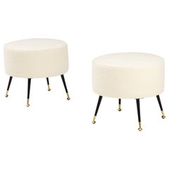 Pair of Round Stools or Poufs in Ivory Boucle with Brass Legs, Italy, 2023