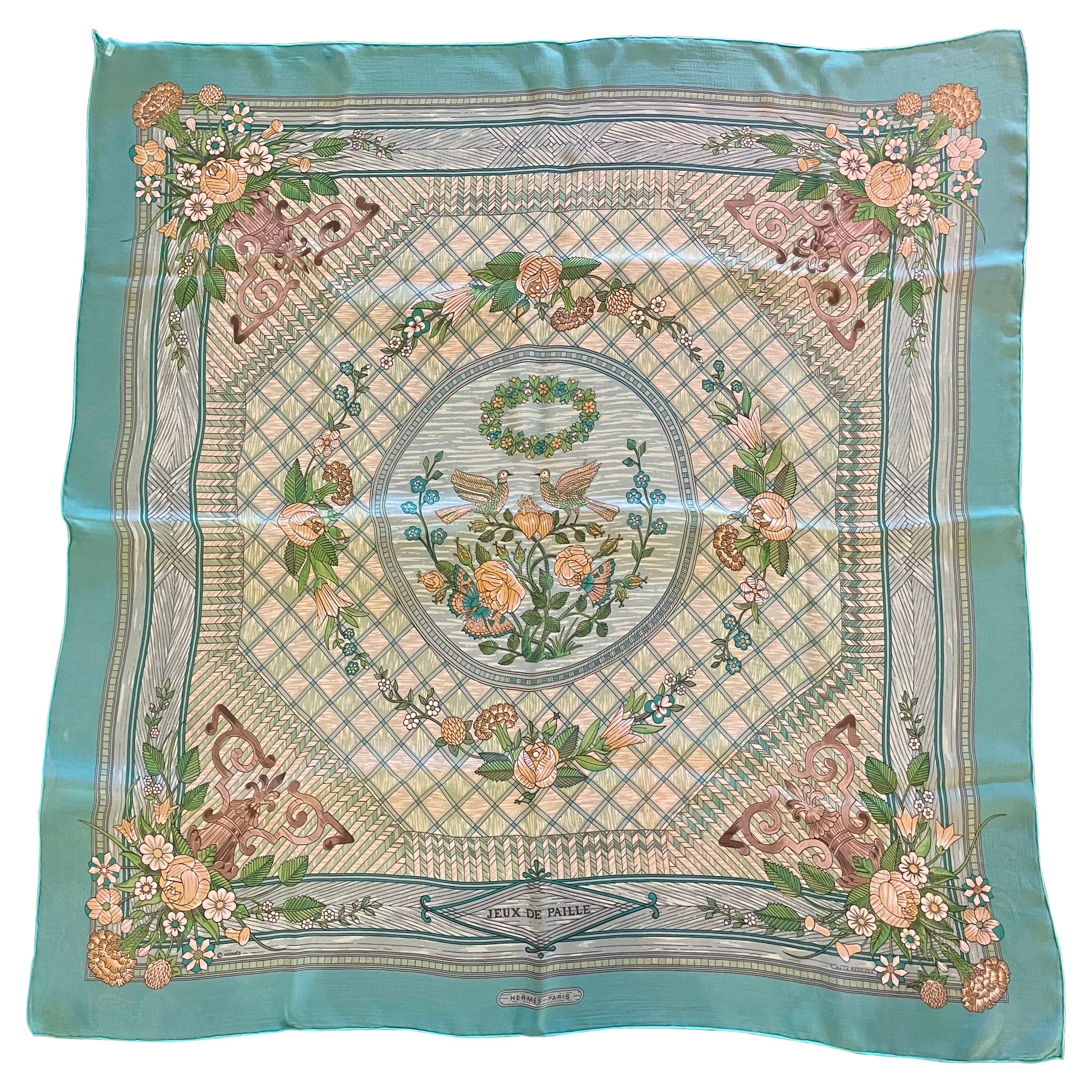 Vintage Teal Hermes "Jeux de Paille" Silk Scarf with Original Square Box For Sale