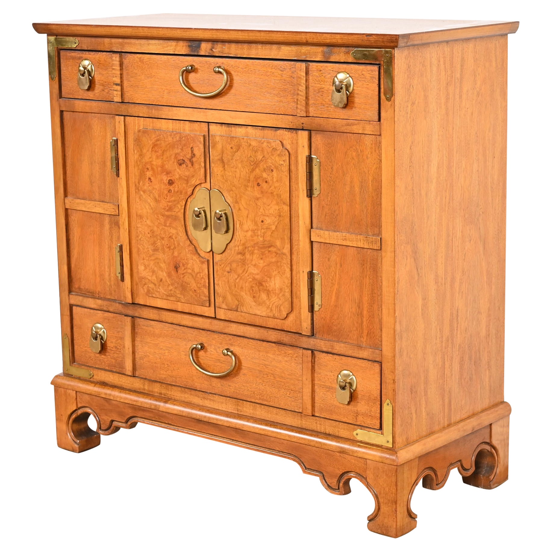 Thomasville Hollywood Regency Chinoiserie Burl Wood Commode or Bar Cabinet For Sale