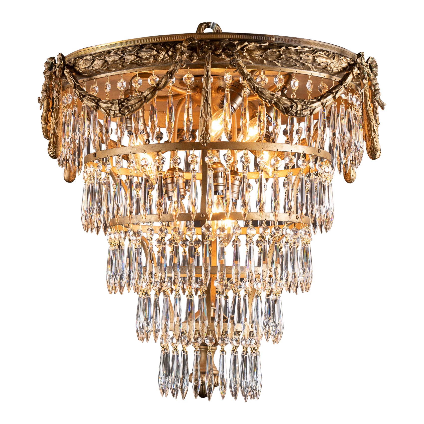 Tiered Louis XVI Bronze and Crystal Chandelier, French 19th Century For Sale