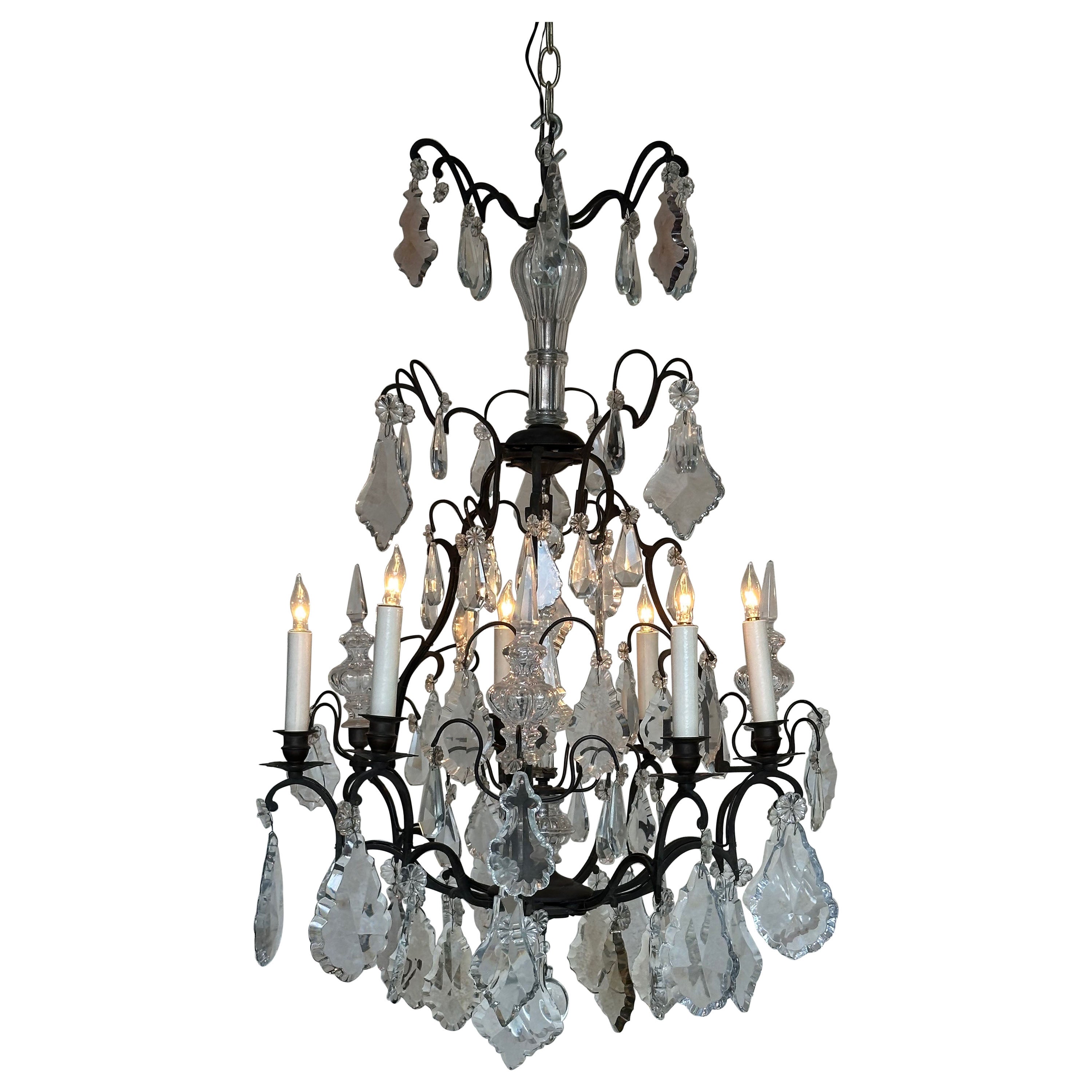 Grand lustre en cristal français des années 1920 à six Lights