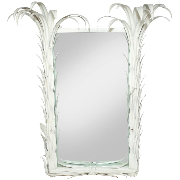 White tole Metal Palm Frond Mirror For Sale