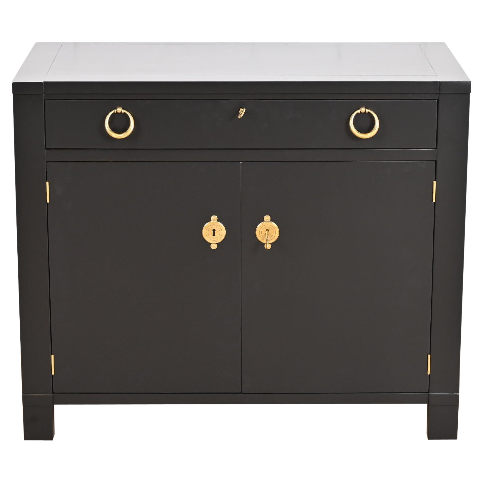 Baker Furniture French Regency Black Lacquered Bar Cabinet, Newly Refinished For Sale