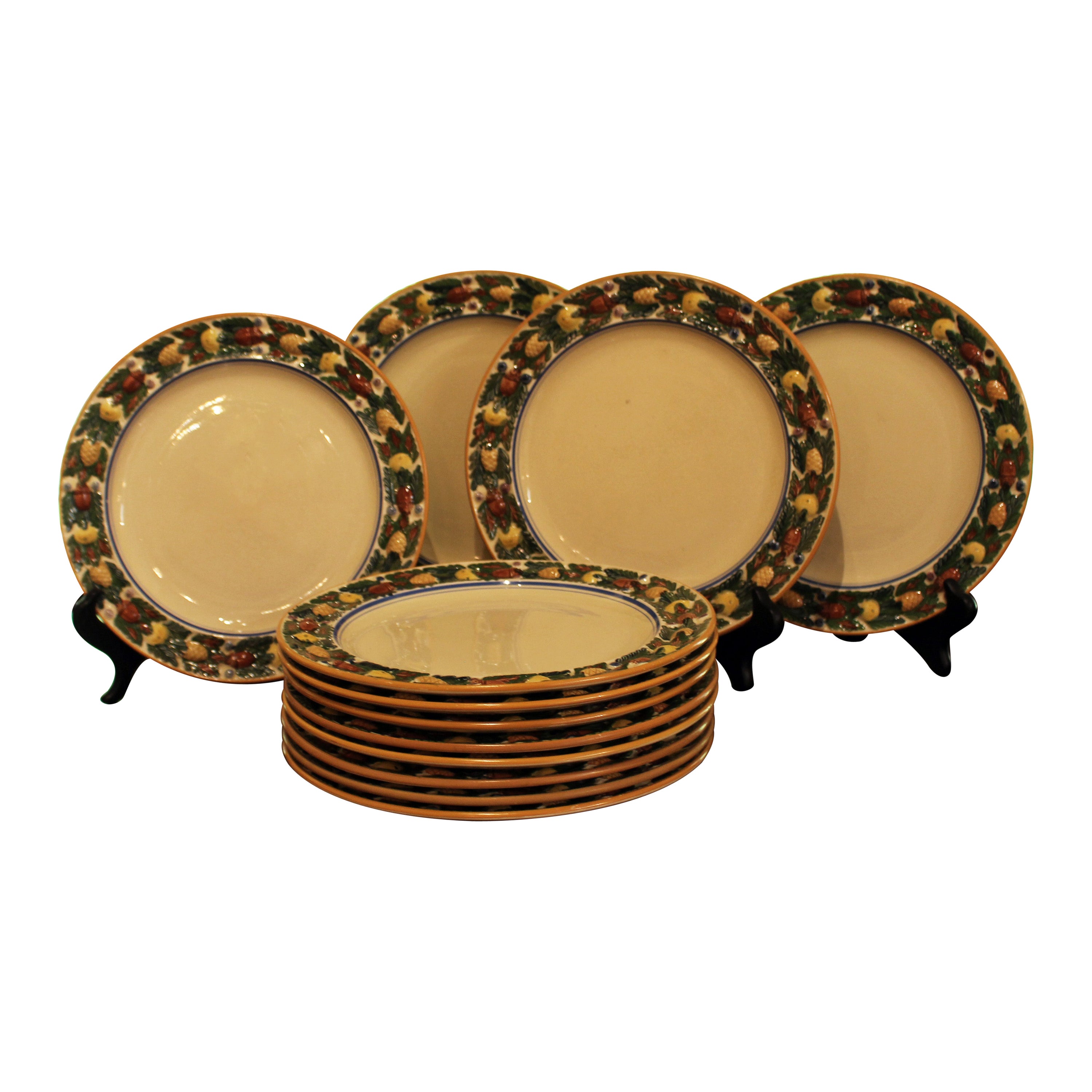 Circa 1920s "Della Robia" Bordered Titian Ware Dinner Plates Set of 12 For Sale