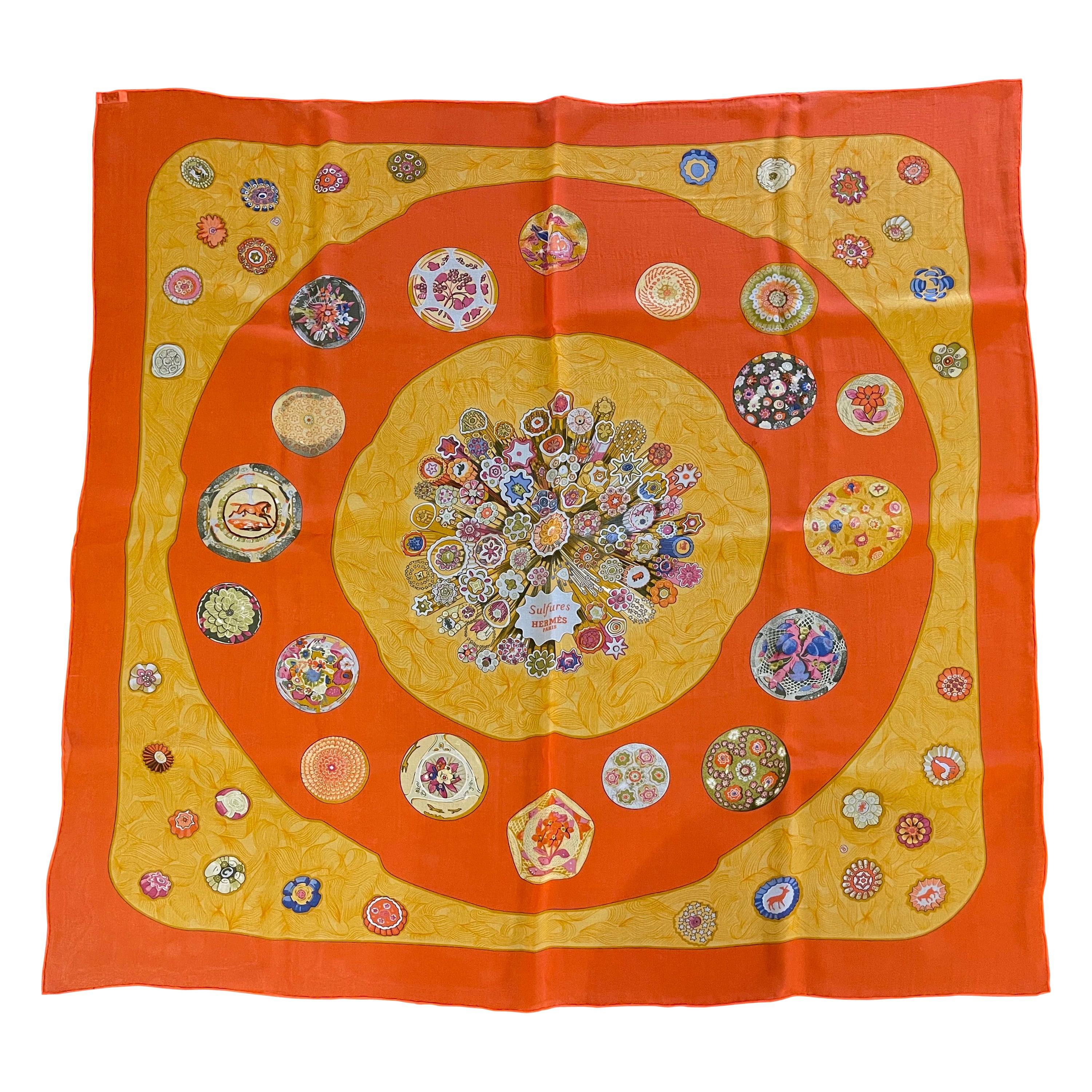 Vintage Orange Hermes Carre "Sulfures" Silk Scarf with Original Square Box en vente