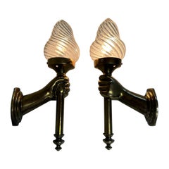  Pair of Bronze Patina Cast Metal & Blown Glass Sconces with Hands and Torches