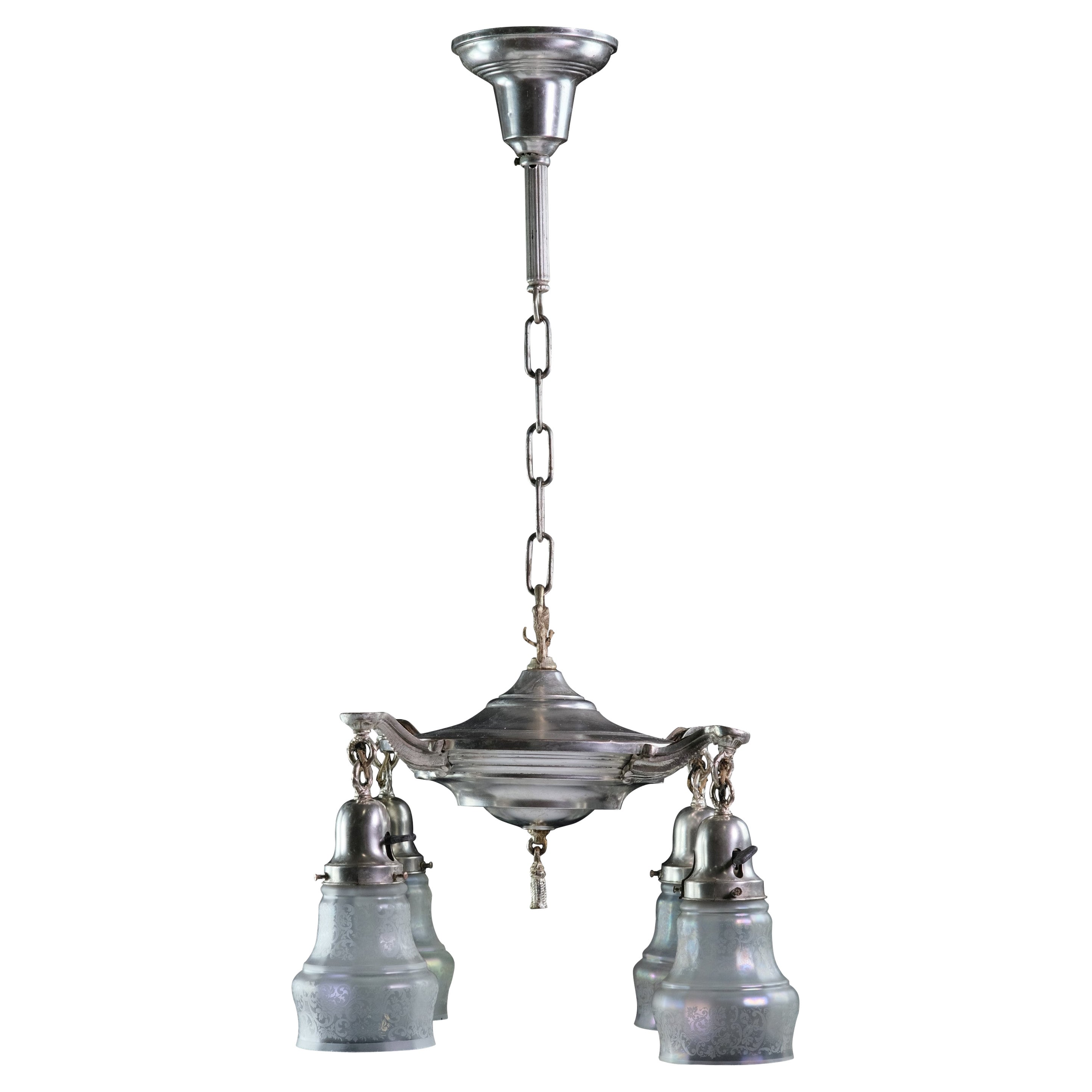 1920s Silver Plated Brass Chandelier w/ Iridescent Shades 