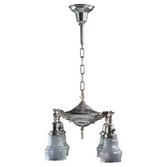 1920s Silver Plated Brass Chandelier w/ Iridescent Shades 