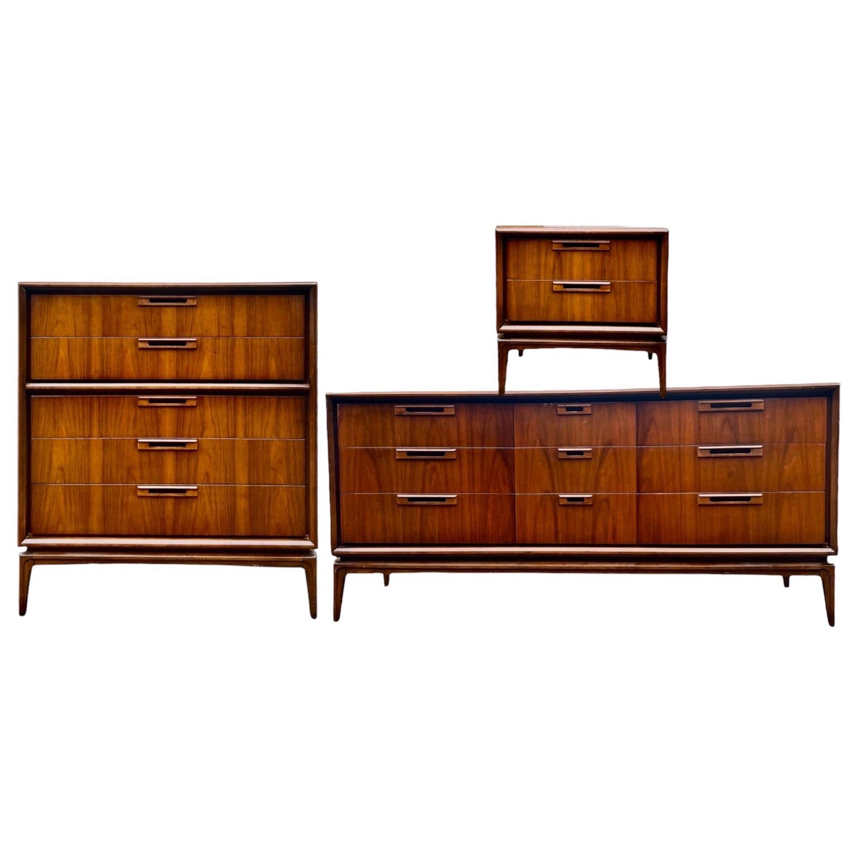 Vintage Mid Century Modern Solid Walnut Dresser and End Table Set For Sale
