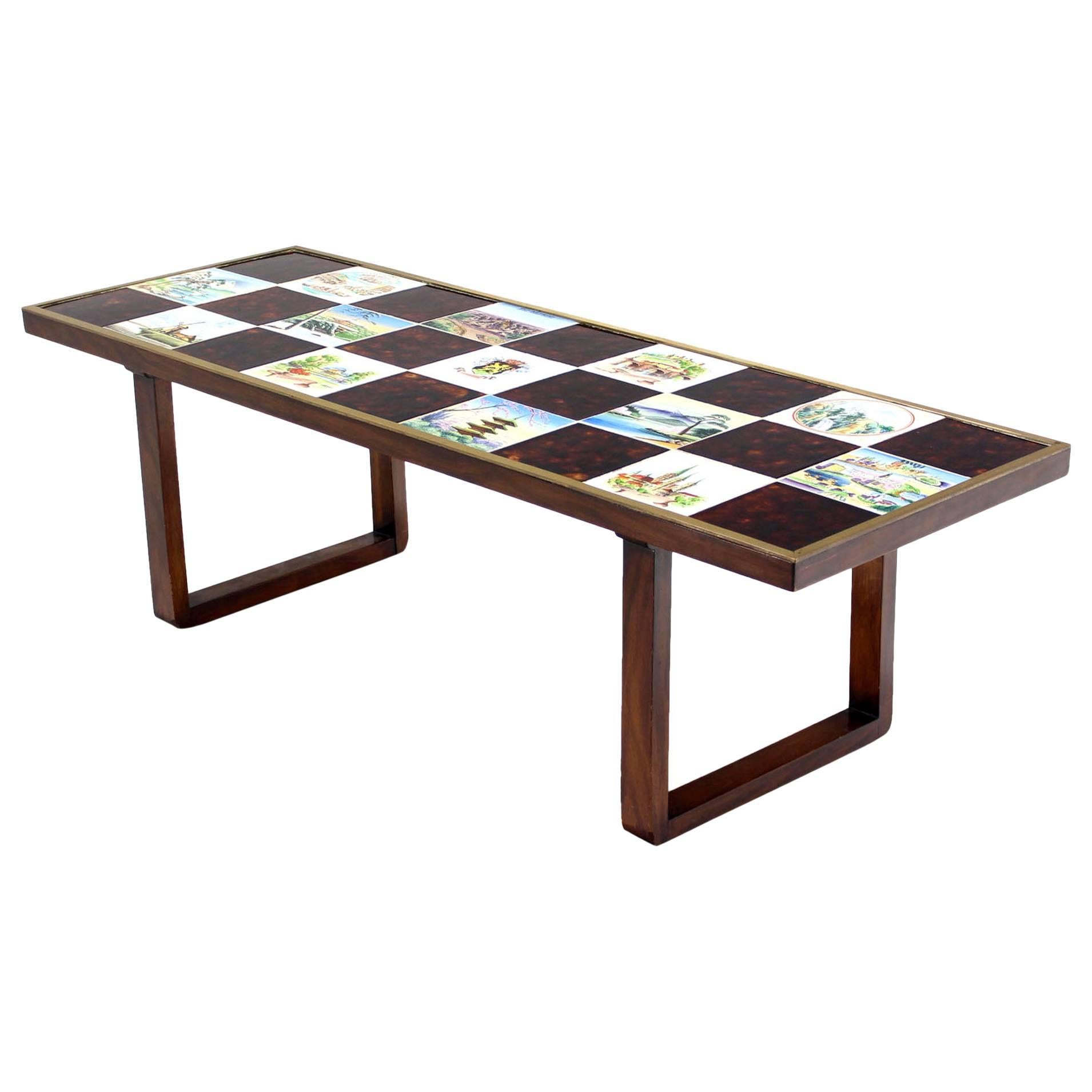 Mid Century Modern Checker Style Tile Top Coffee Table in Brass Frame For Sale