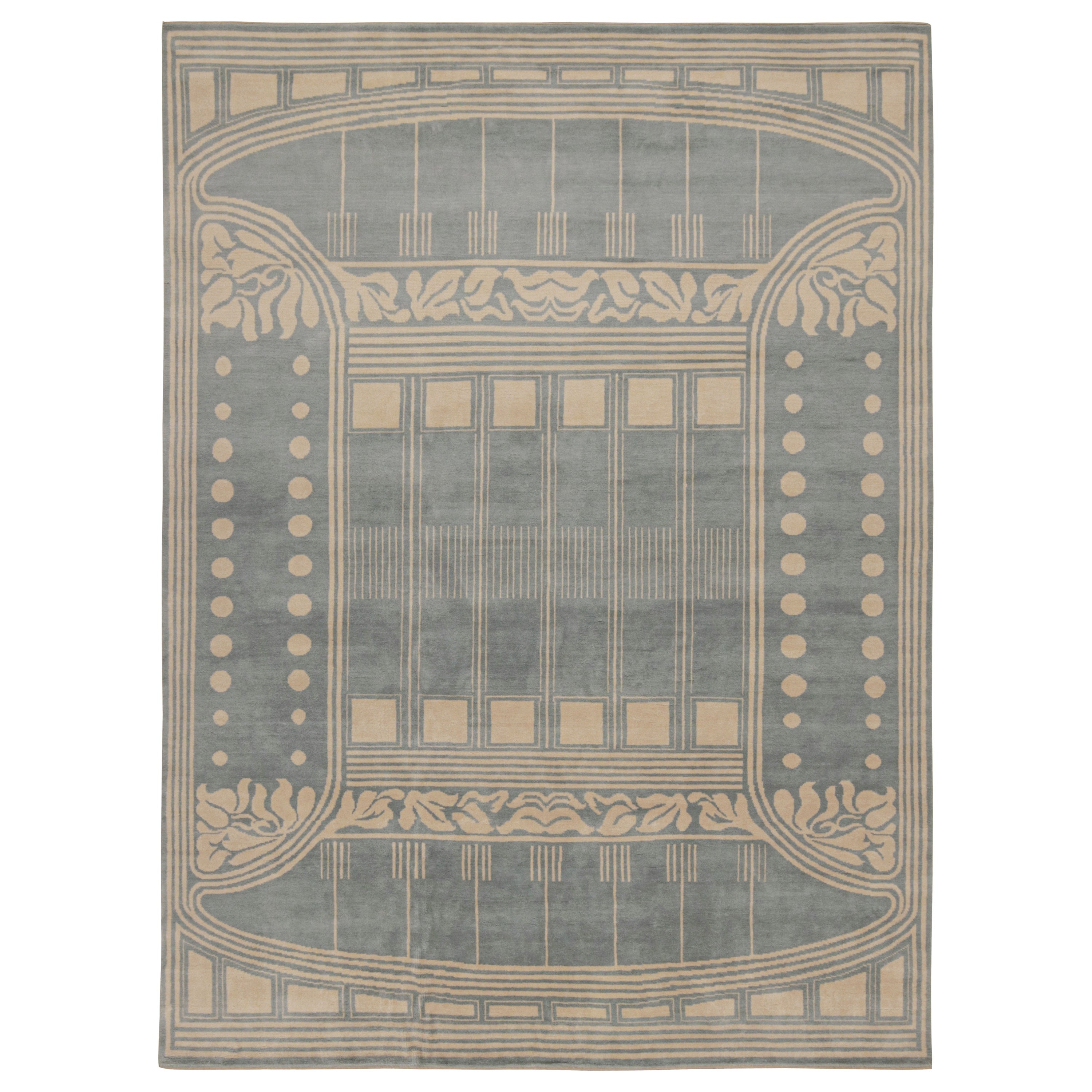 Tapis de style Art déco français de Rug & Kilim à motifs géométriques bleu et crème en vente