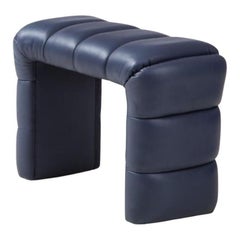 Single Custom Channel Tufted Blue Soft Leather Stool or Bench, Italy, 2021