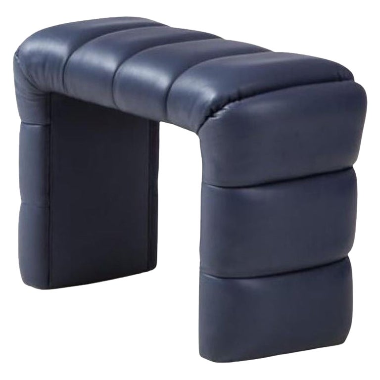 Single Custom Channel Tufted Blue Soft Leather Waterfall Stool or Bench, Italy