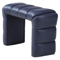 Single Custom Channel Tufted Blue Soft Leather Waterfall Stool or Bench, Italy